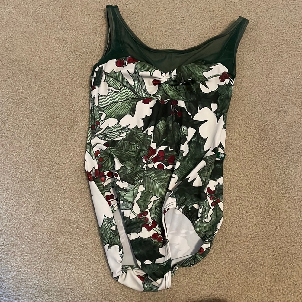 Luckyleo Leotard - Holiday Holly Print with Green Mesh